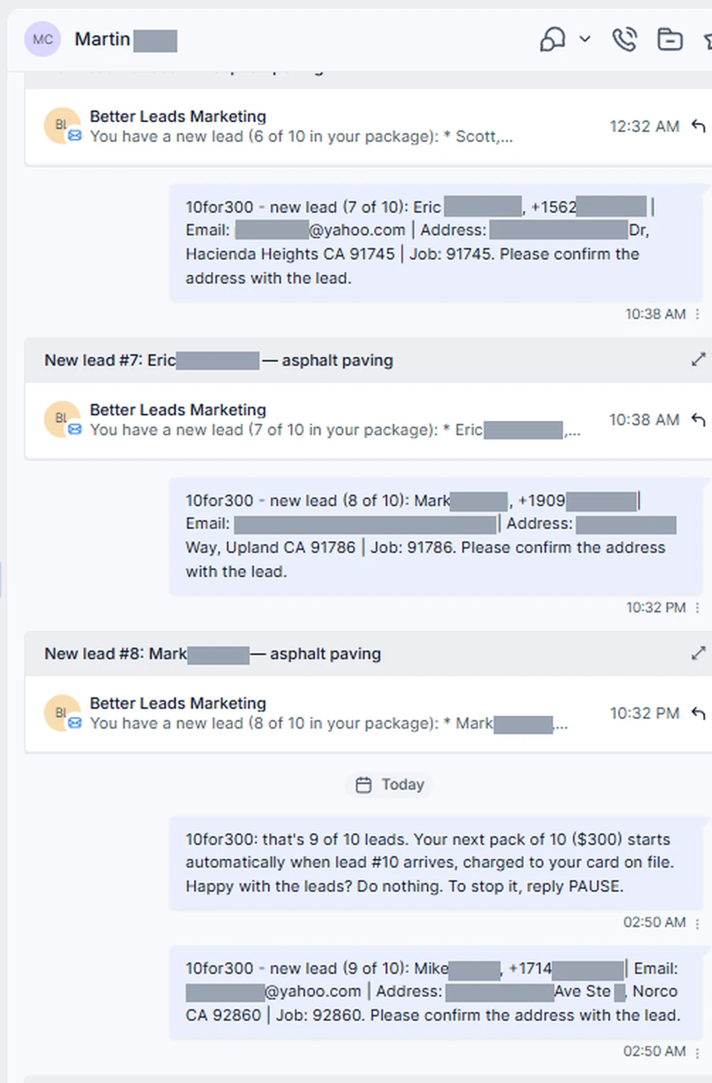 A contractor's message thread showing leads 7, 8 and 9 of 10 arriving, each with the homeowner's details, plus the notice that the next pack starts automatically.